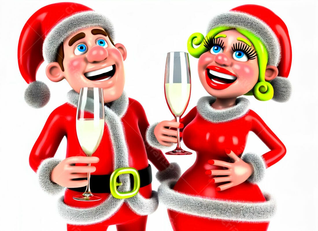 Papai Noel e Mamãe Noel brindando Natal