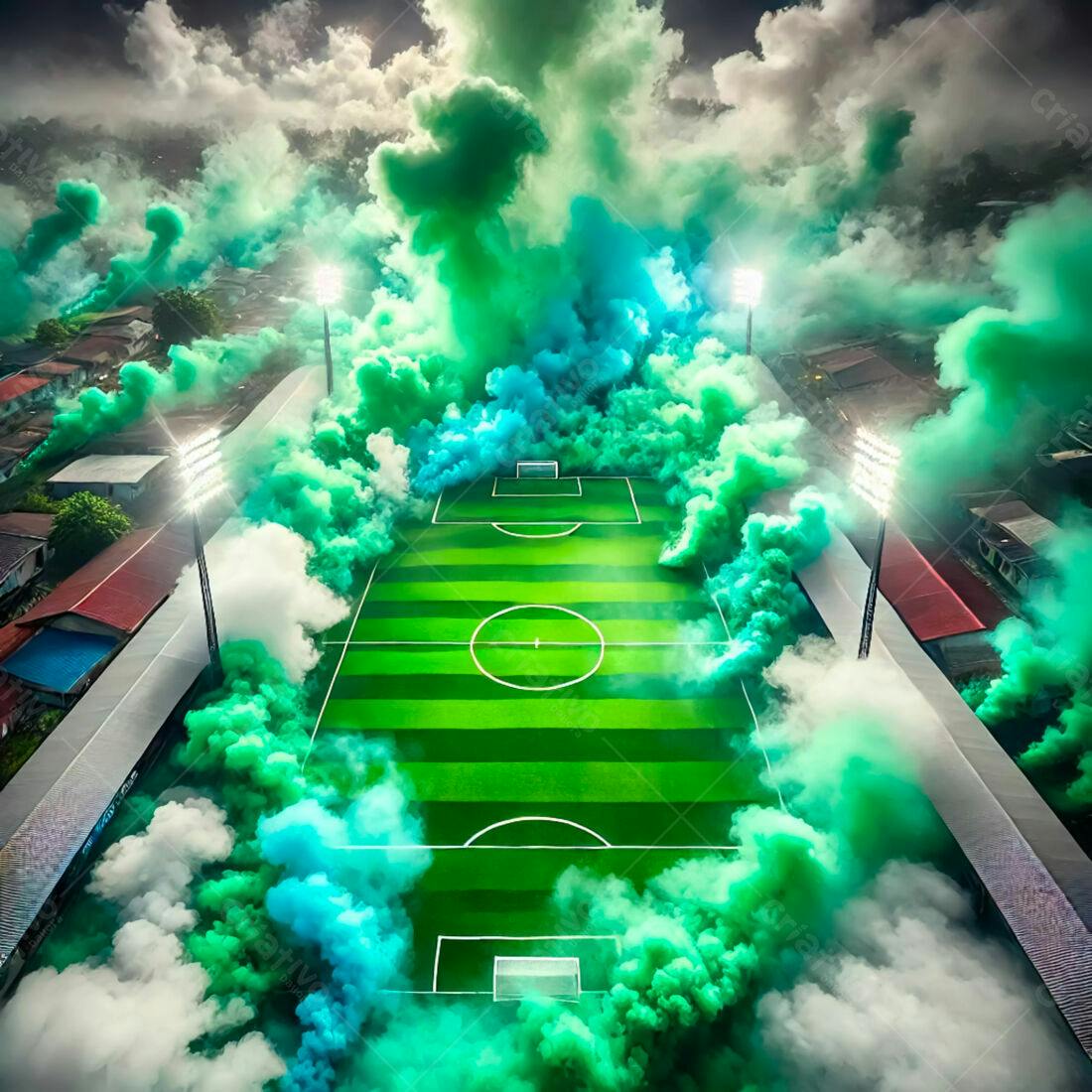 Campo de futebol com fumaça verde e azul