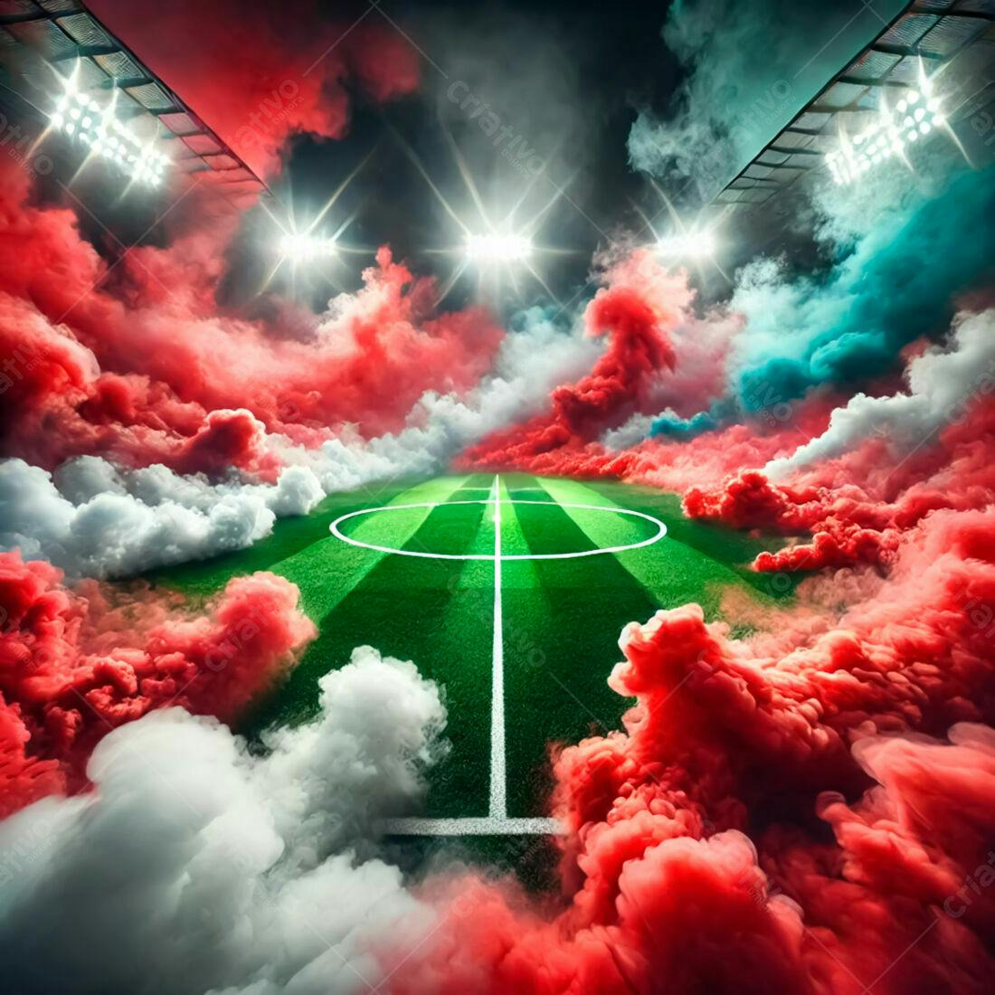 Campo de futebol em névoa vermelha e azul