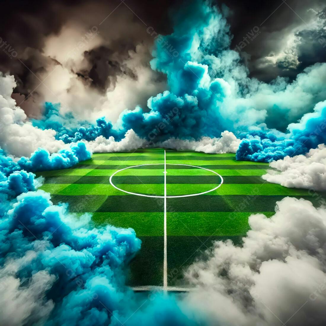 Campo de futebol com fumaça azul e branca