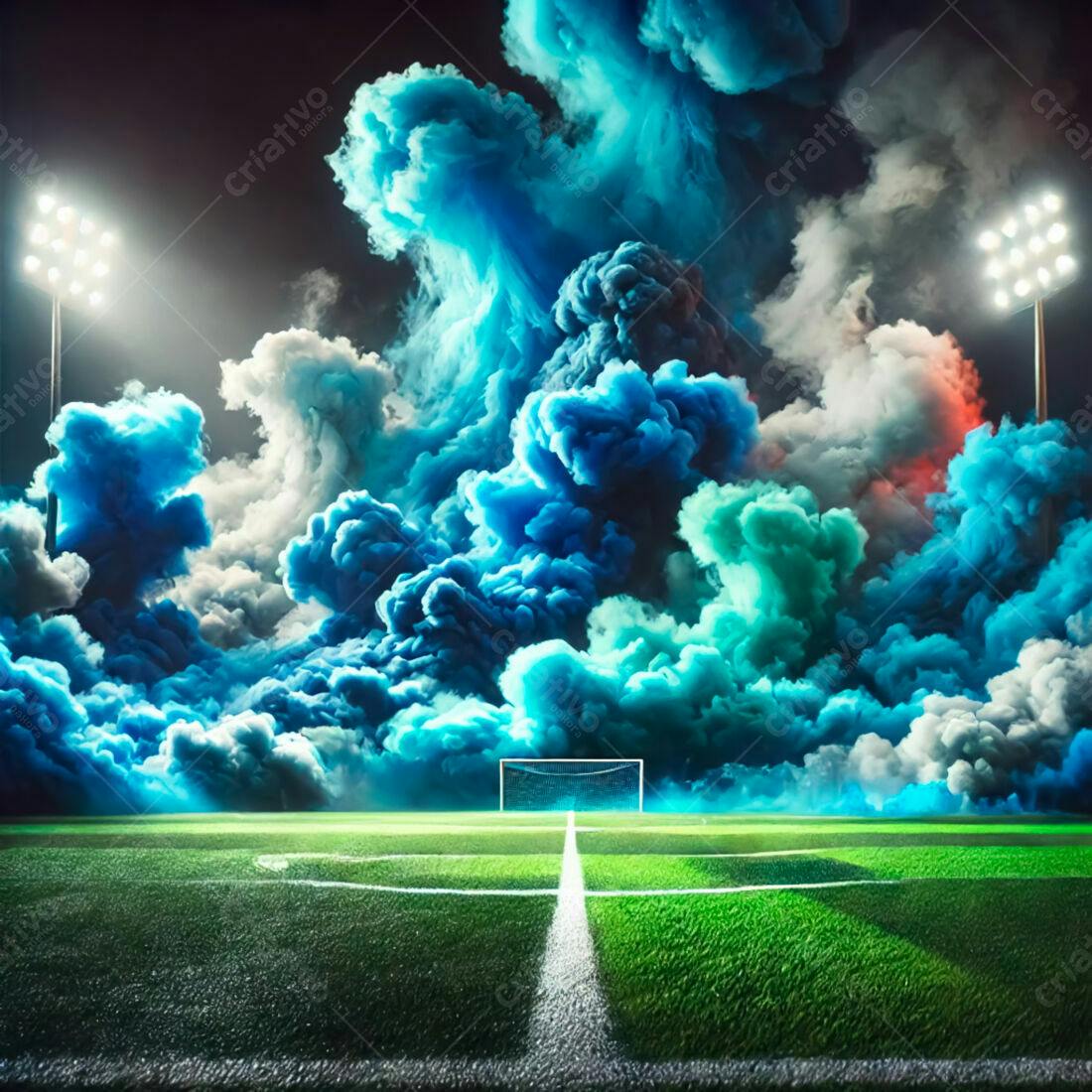 Campo de futebol com fumaça azul e branca