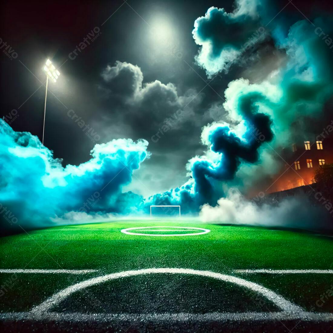 Campo de futebol noturno com fumaça azul e verde
