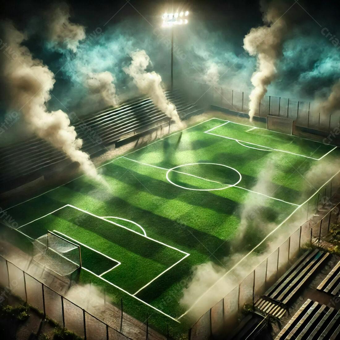 Campo de futebol noturno com fumaça