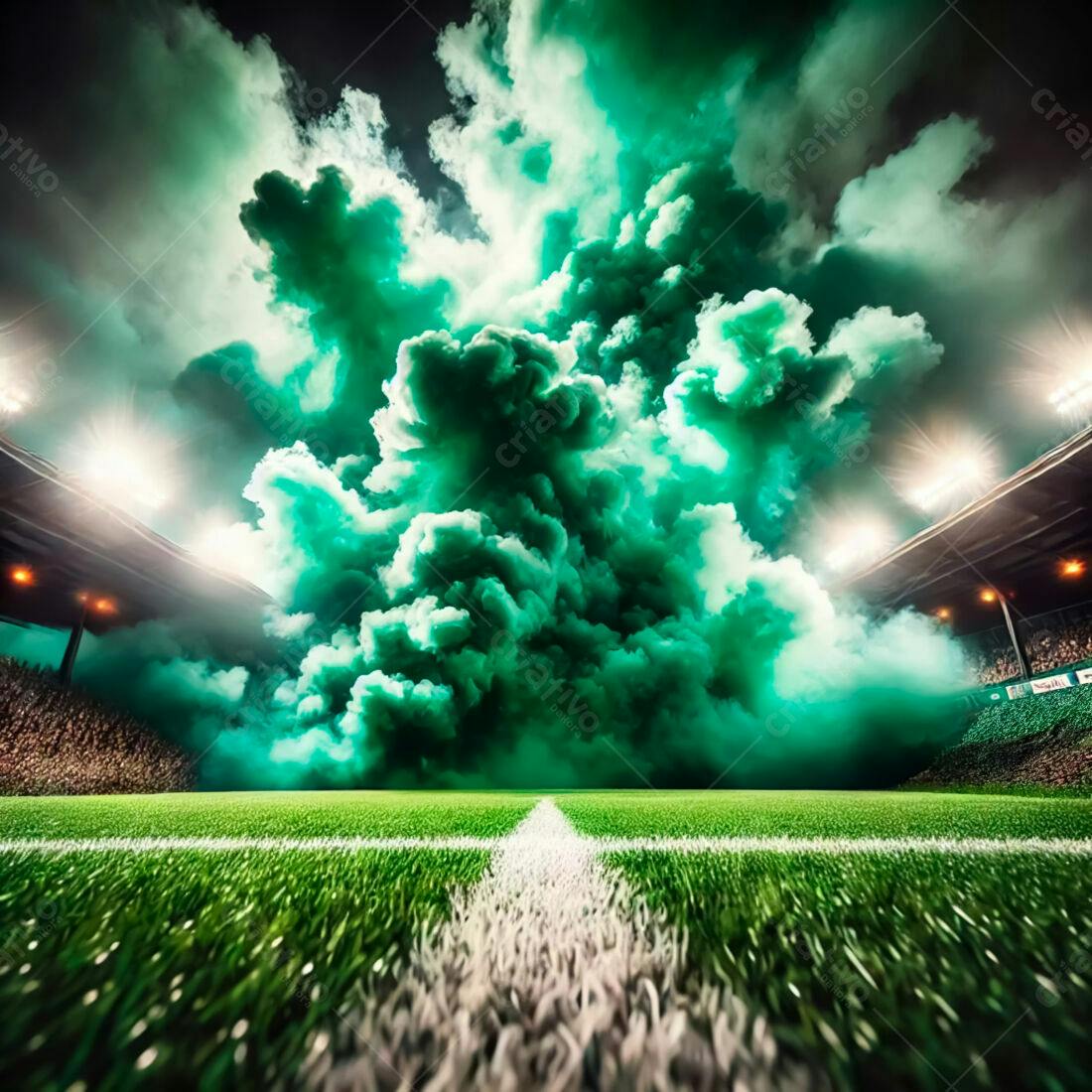 Estádio de futebol com fumaça verde