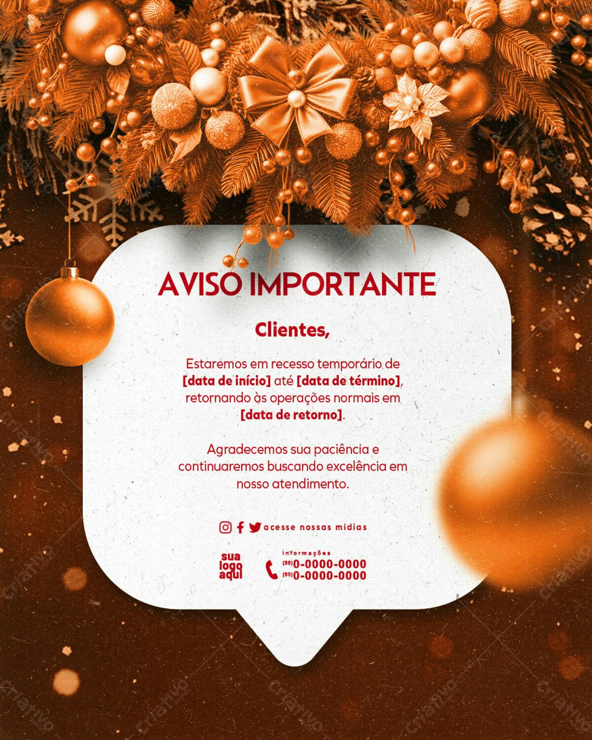 Aviso de Recesso Fim de Ano PSD Editável