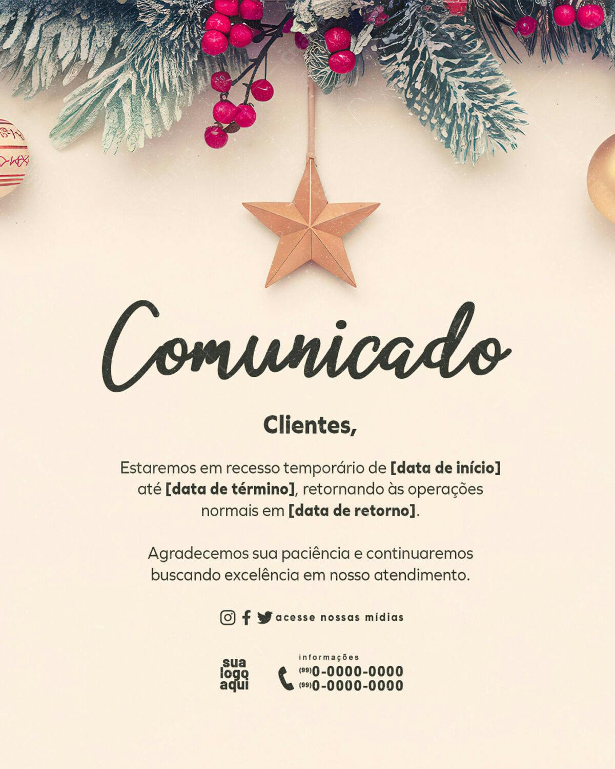Comunicado de Recesso Fim de Ano PSD Editável