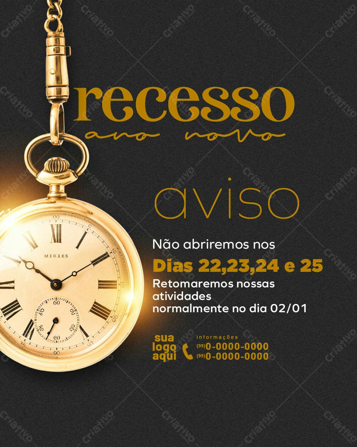 Aviso de Recesso Ano Novo PSD Editável