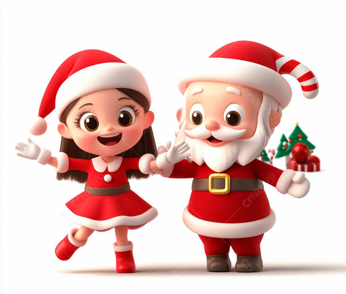 Menina e Papai Noel Natalino Ilustração 3D