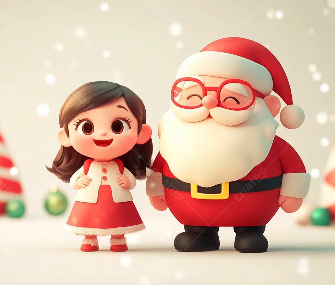Menina e Papai Noel Natalino Ilustração 3D