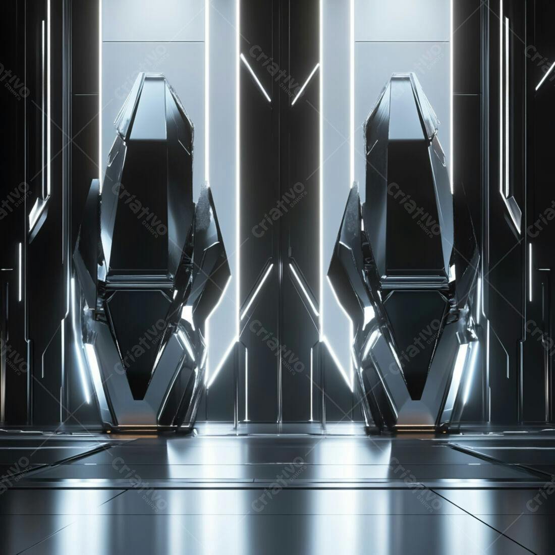 Portas futuristas em ambiente metálico