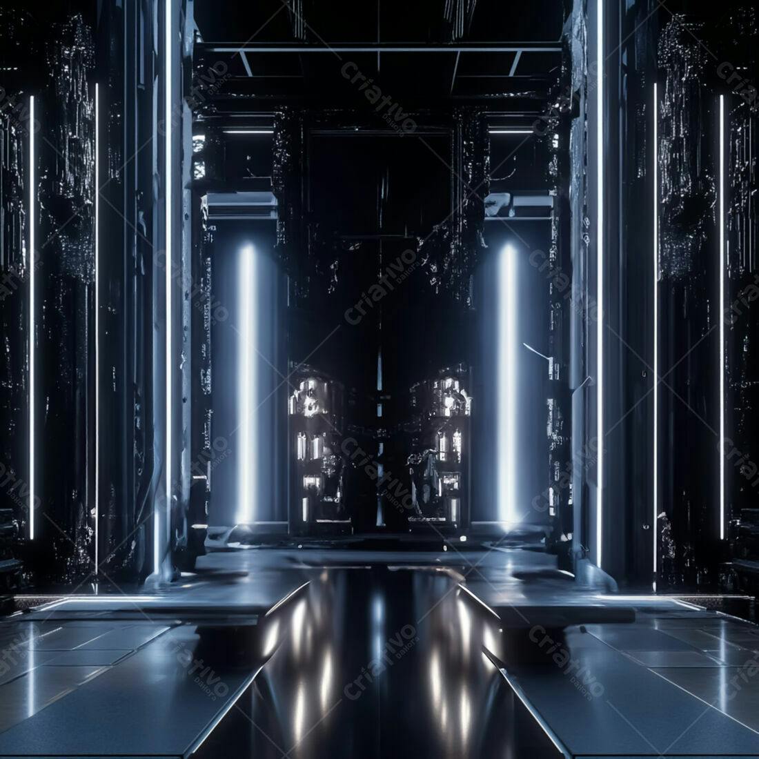 Ambiente futurista com iluminação neon azul
