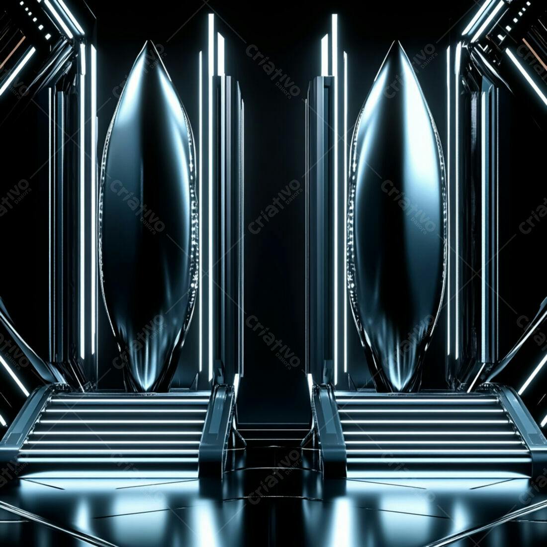 Cenário futurista com estruturas metálicas e iluminação neon
