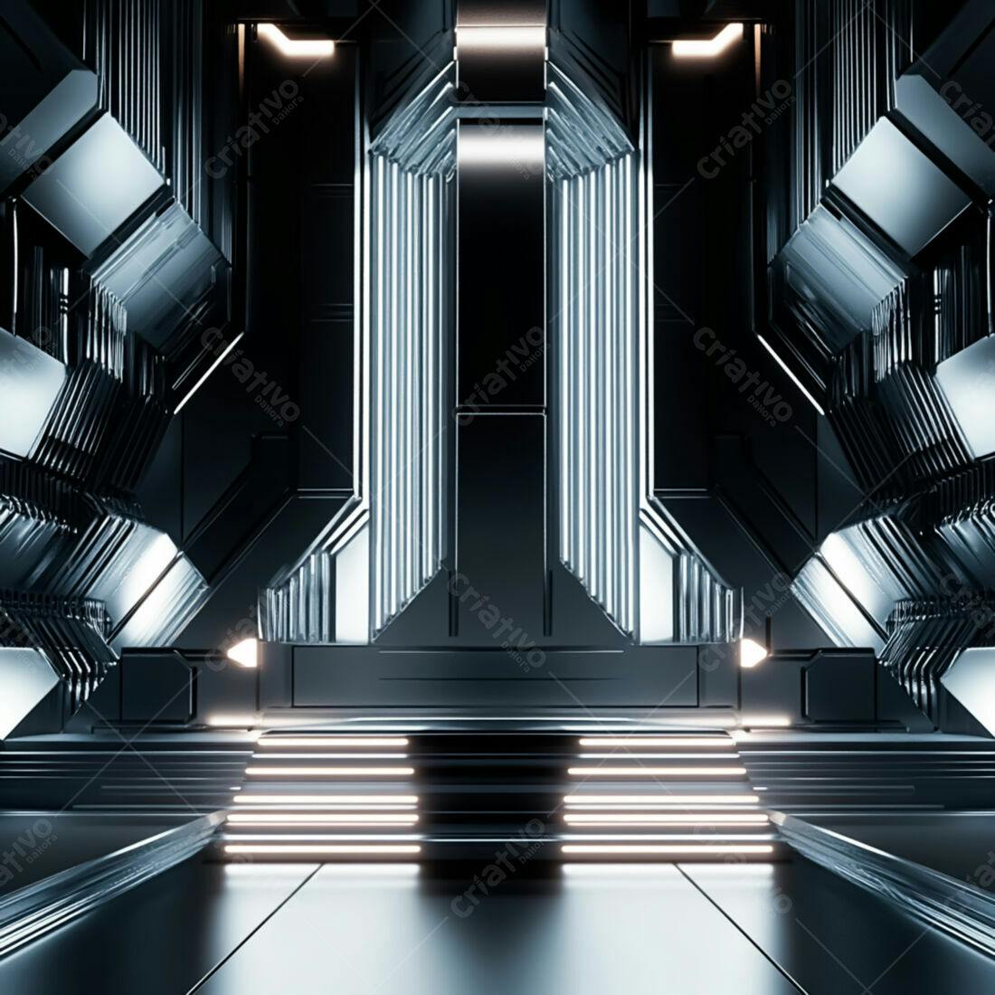 Plataforma futurista em ambiente metálico escuro