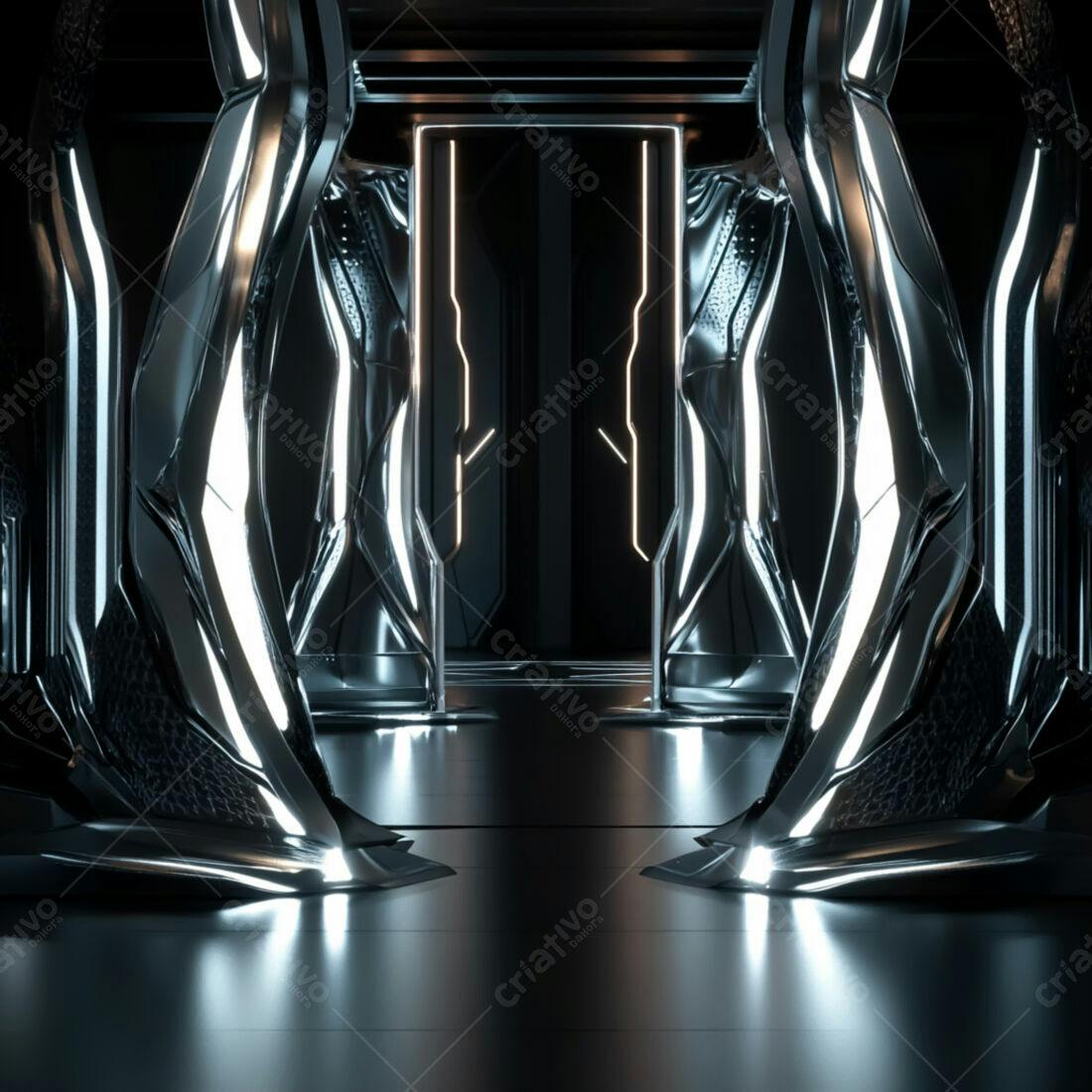Portal futurista metálico com iluminação neon