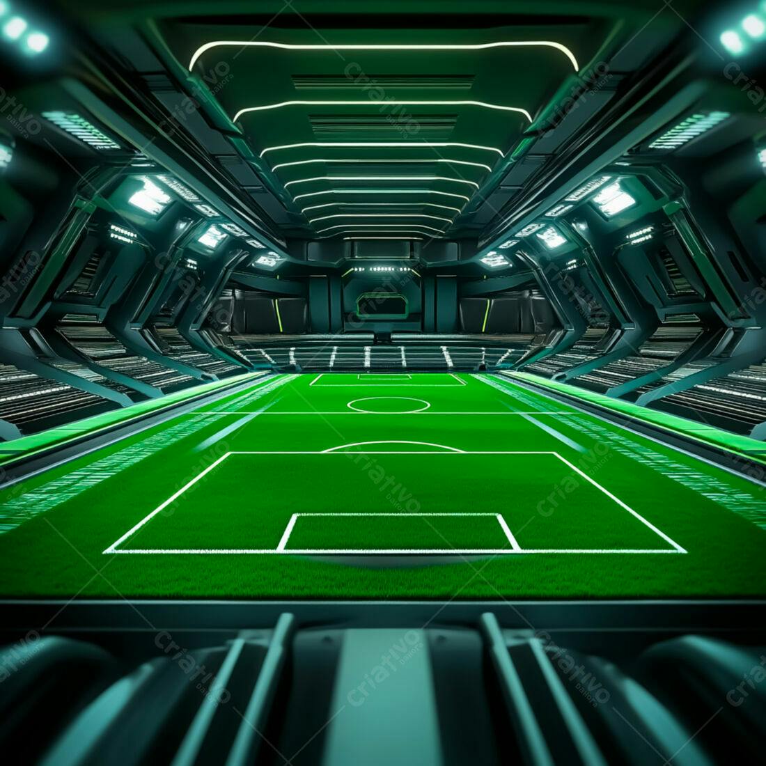 Campo de futebol futurista em arena verde e preta
