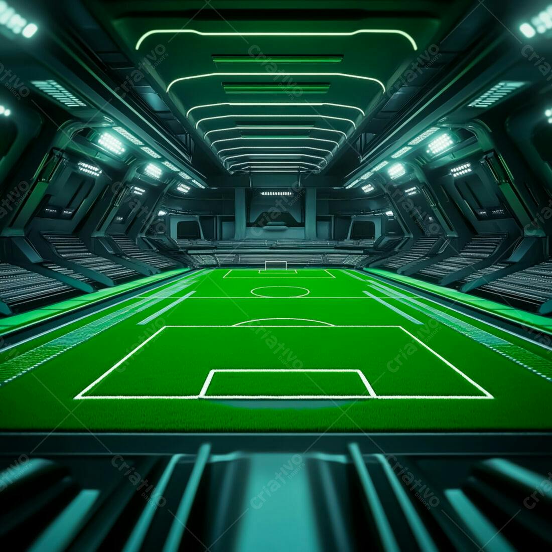 Campo de futebol futurista em arena verde