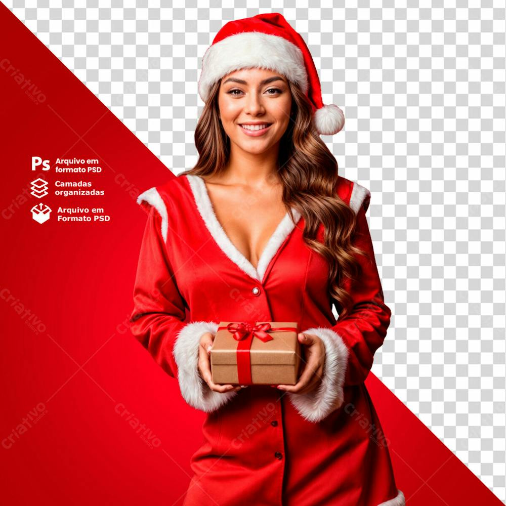 Mulher Com Roupas Natalinas Segurando Um Presente De Natal Elemento 3D Psd Editável