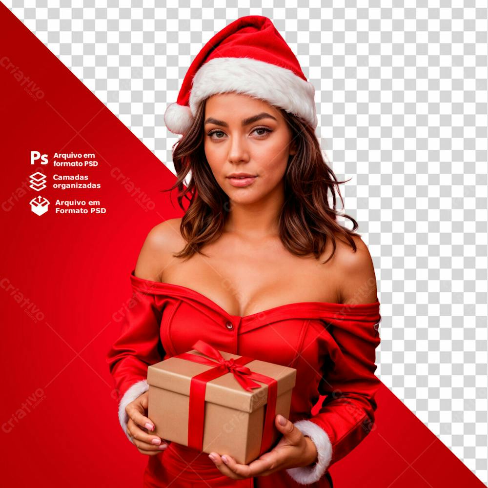 Mulher Com Roupas Natalinas Segurando Um Presente De Natal Elemento 3D Psd Editável 2