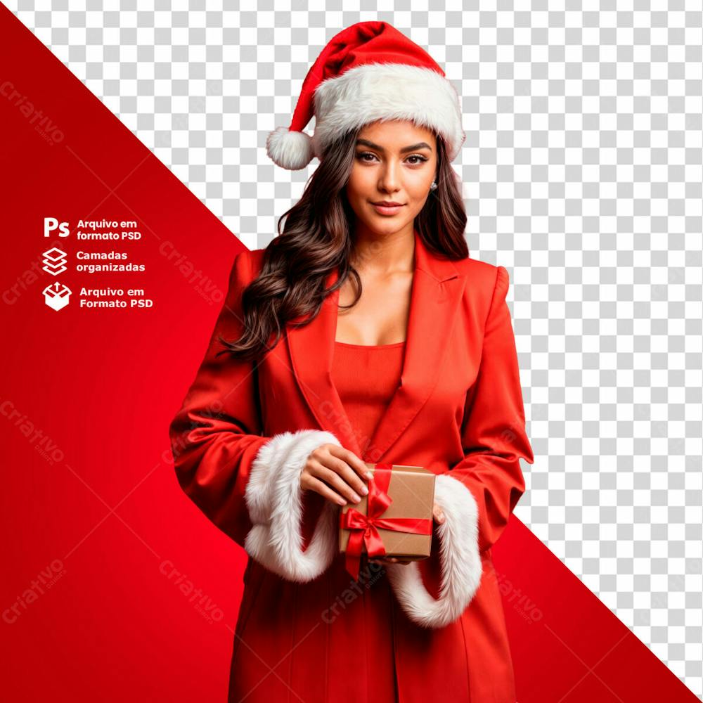 Mulher Com Roupas Natalinas Segurando Um Presente De Natal Elemento 3D Psd Editável 3