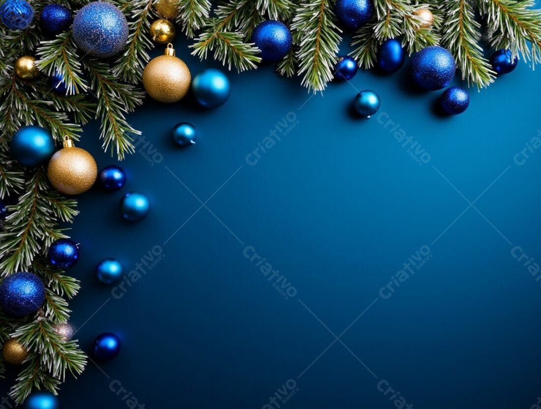 Enfeites de Natal azuis e dourados em fundo azul