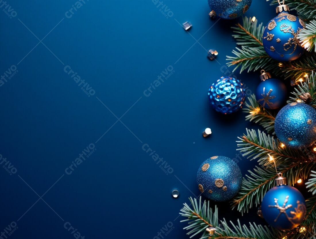 Enfeites azuis de Natal em fundo azul escuro