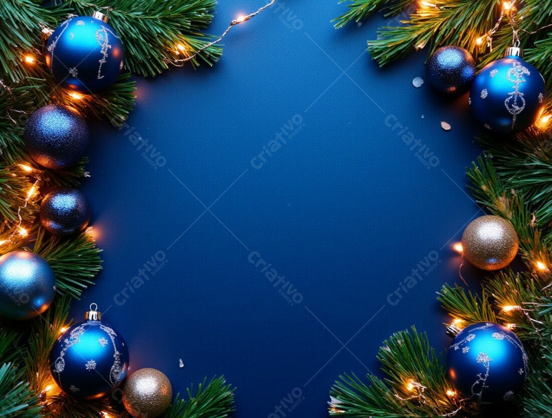 Enfeites de Natal azuis e dourados com luzes