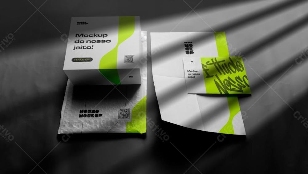 Mockup Papelaria. Folha A 4, Cartão De Visita, Envelope Bolha