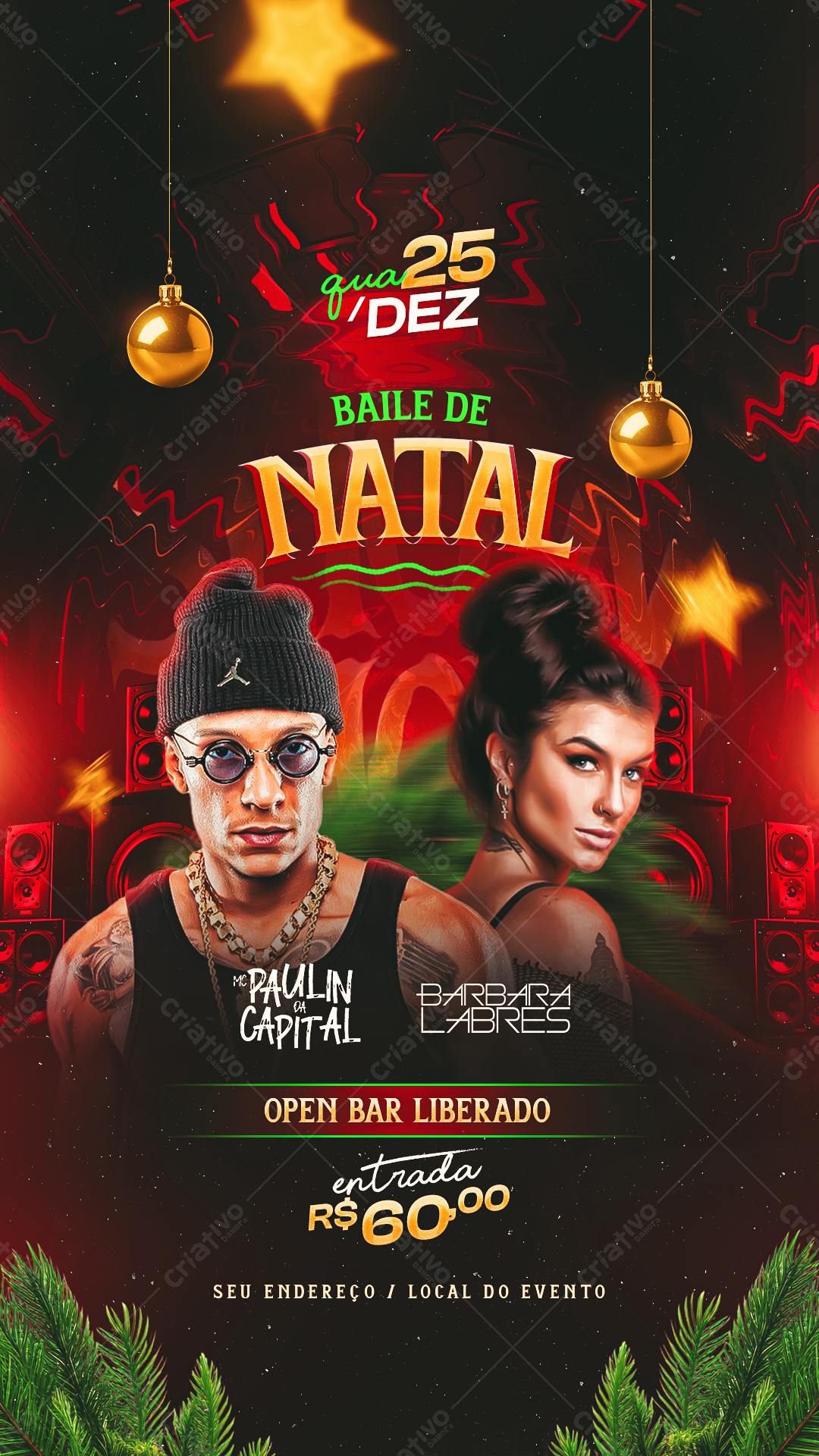 Flyer Baile de Natal com MC Paulin da Capital e Barbara Labres PSD Editável