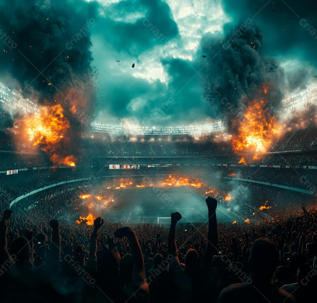 Estádio em chamas multidão eufórica