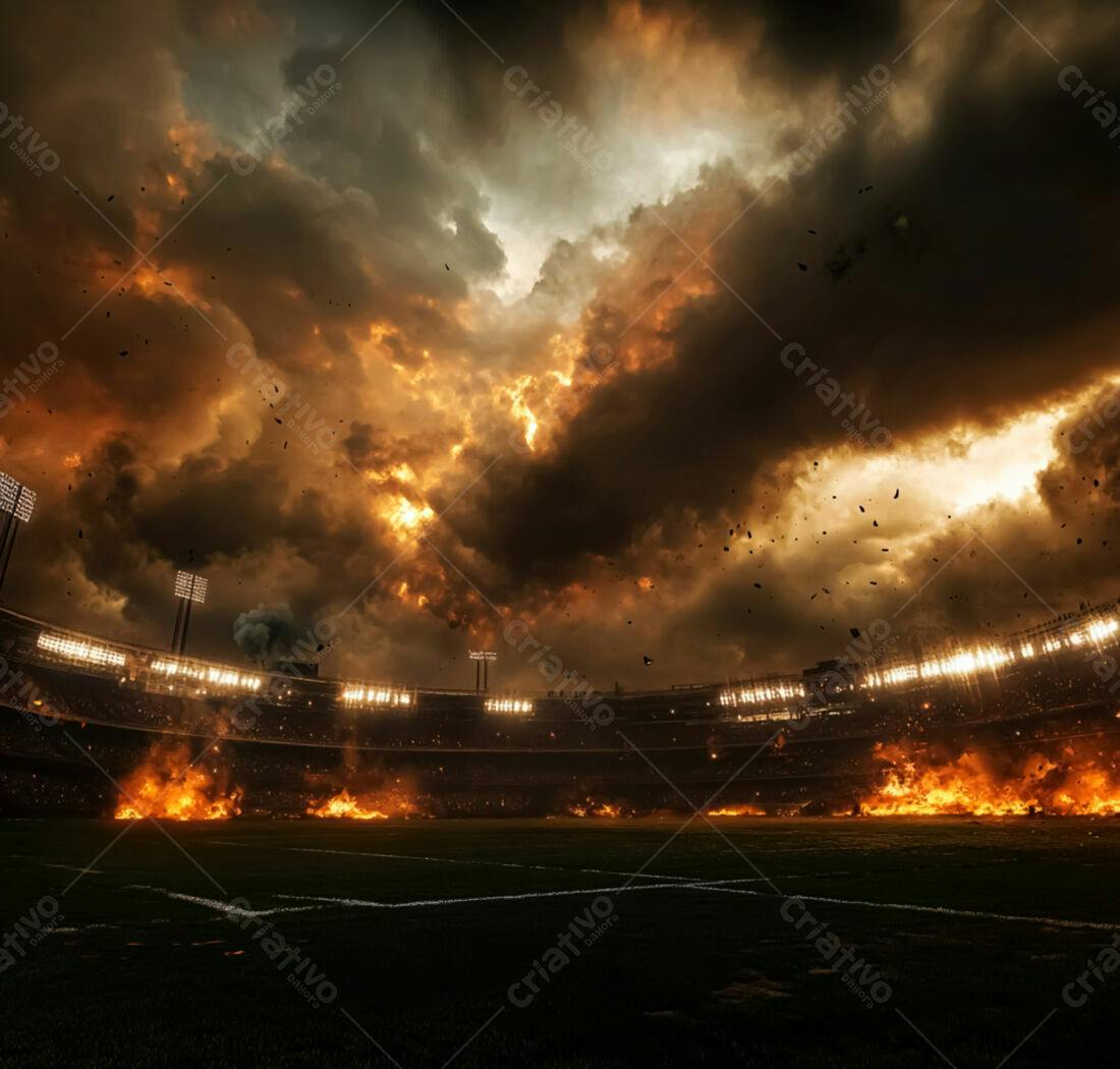 Estádio em chamas sob tempestade infernal