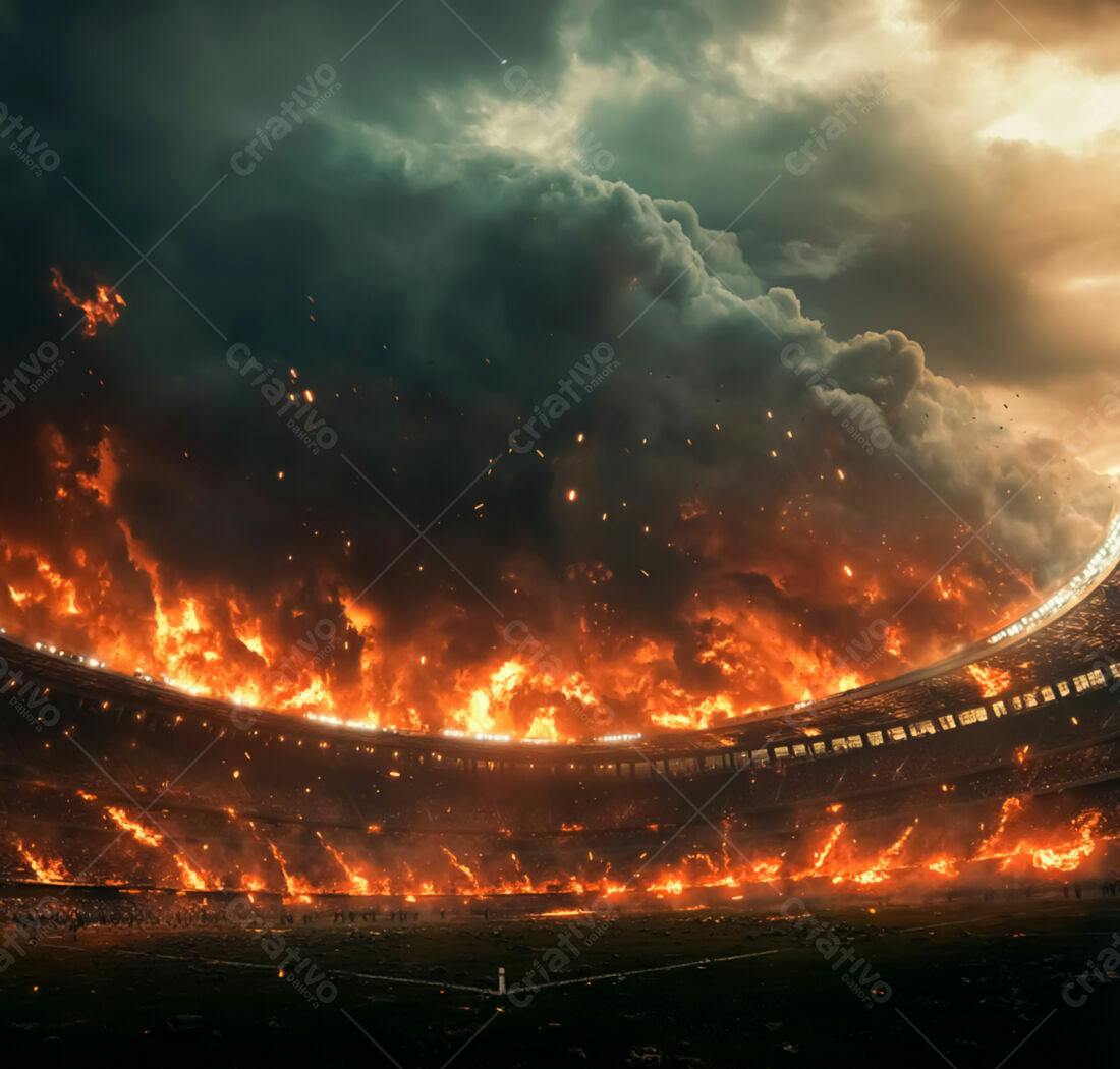 Estádio em chamas sob tempestade