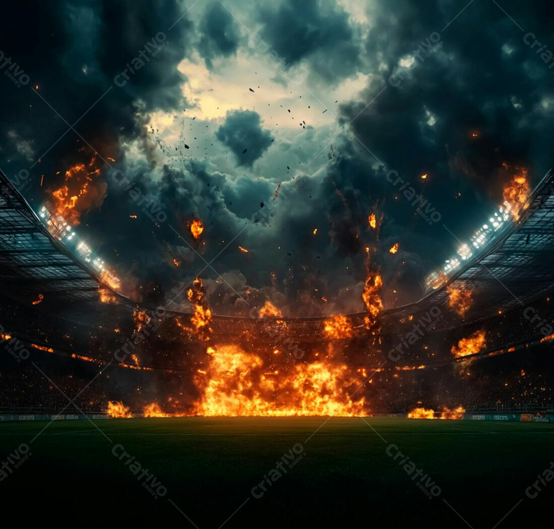 Estádio em chamas sob tempestade