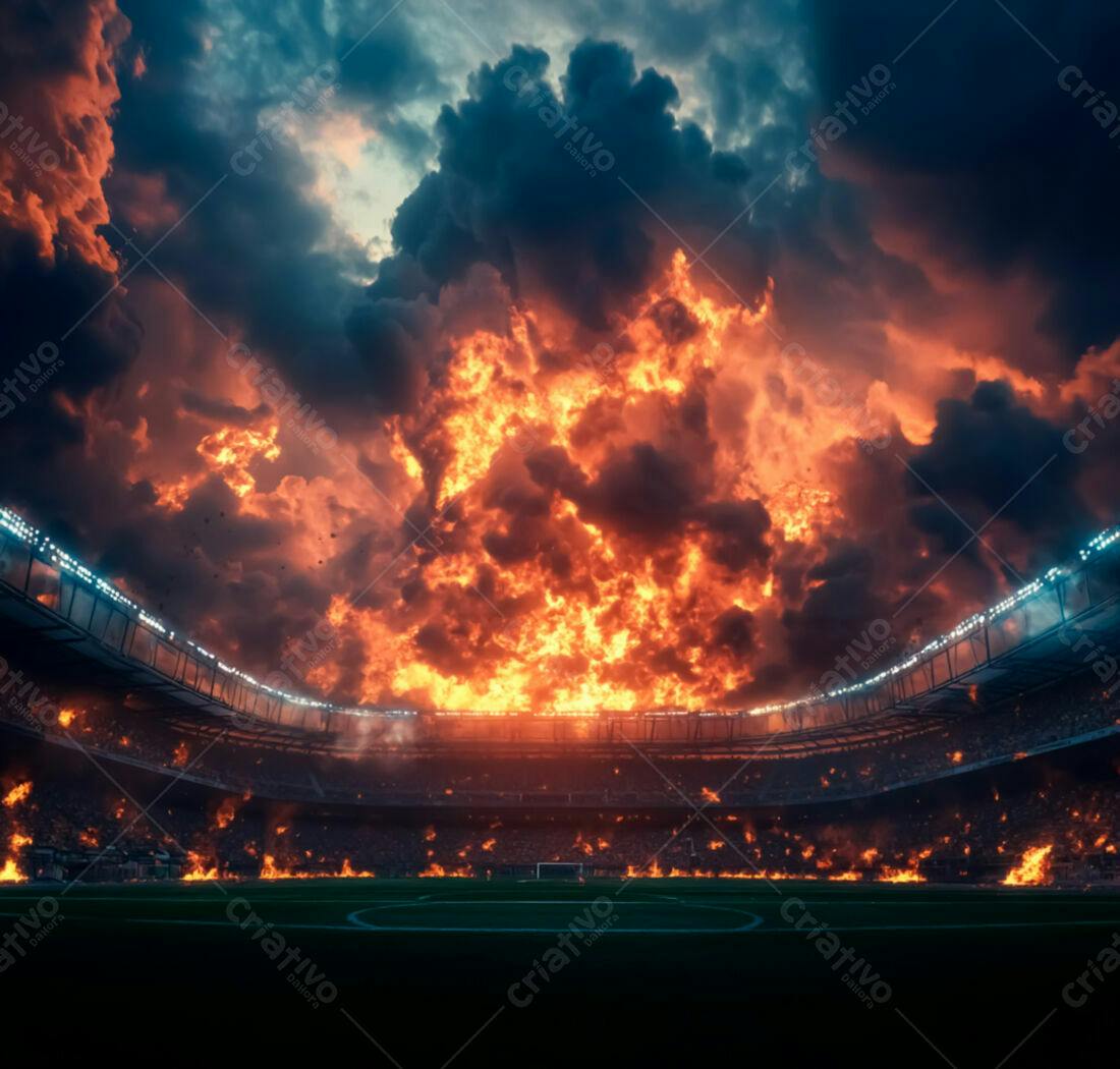 Estádio em chamas sob céu tempestuoso