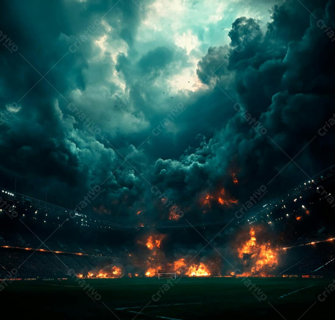Estádio em chamas sob tempestade