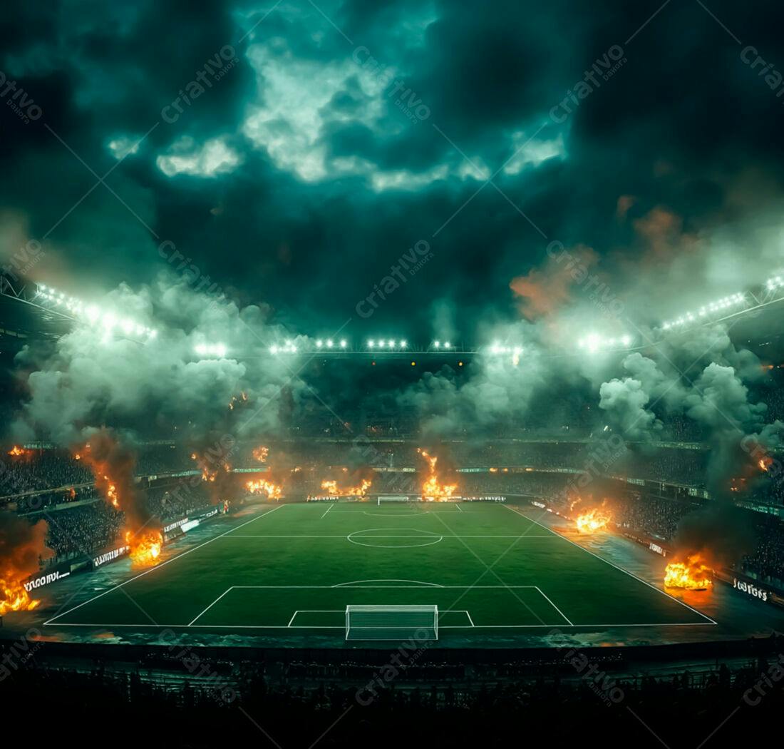 Estádio em chamas noite escura