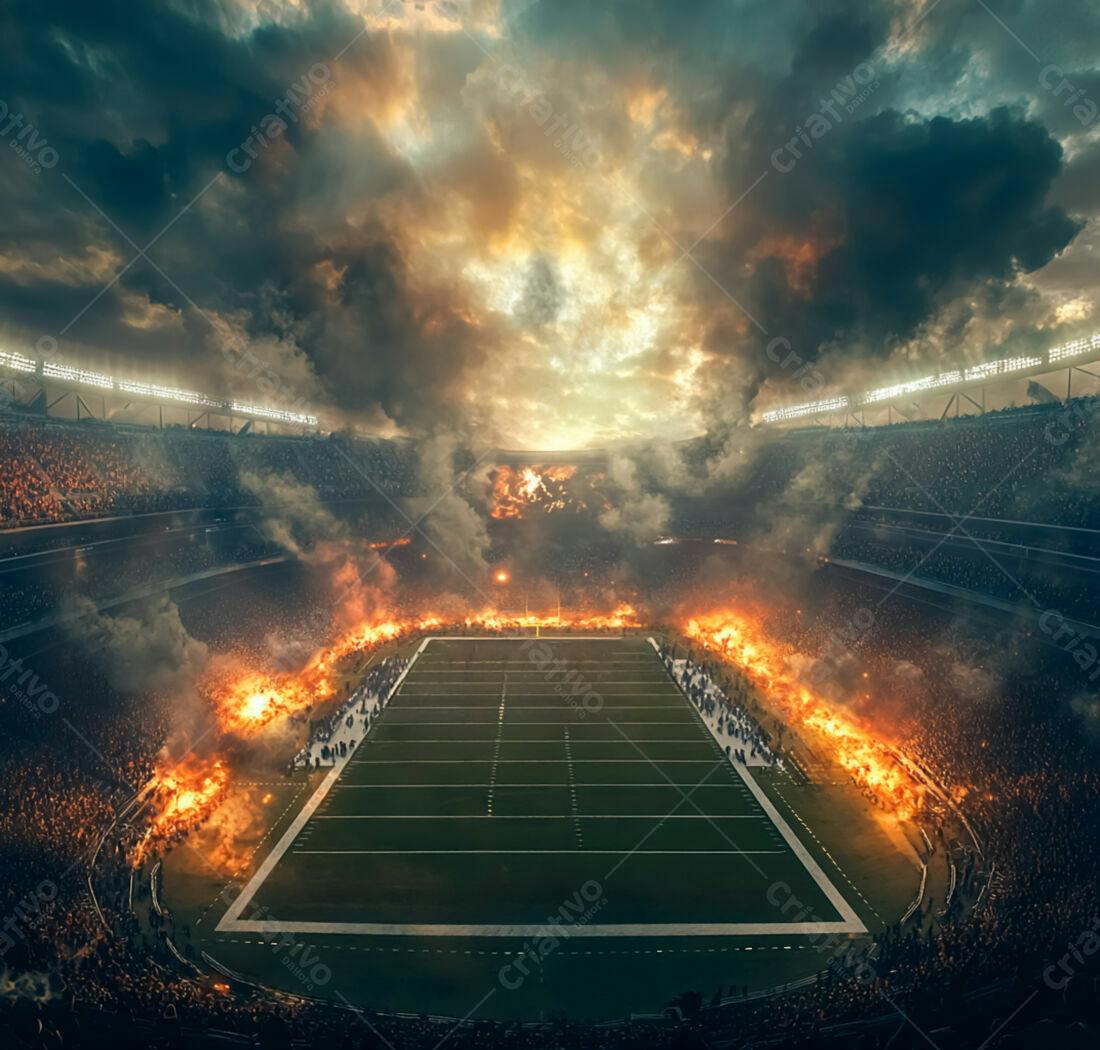 Estádio em chamas multidão furiosa
