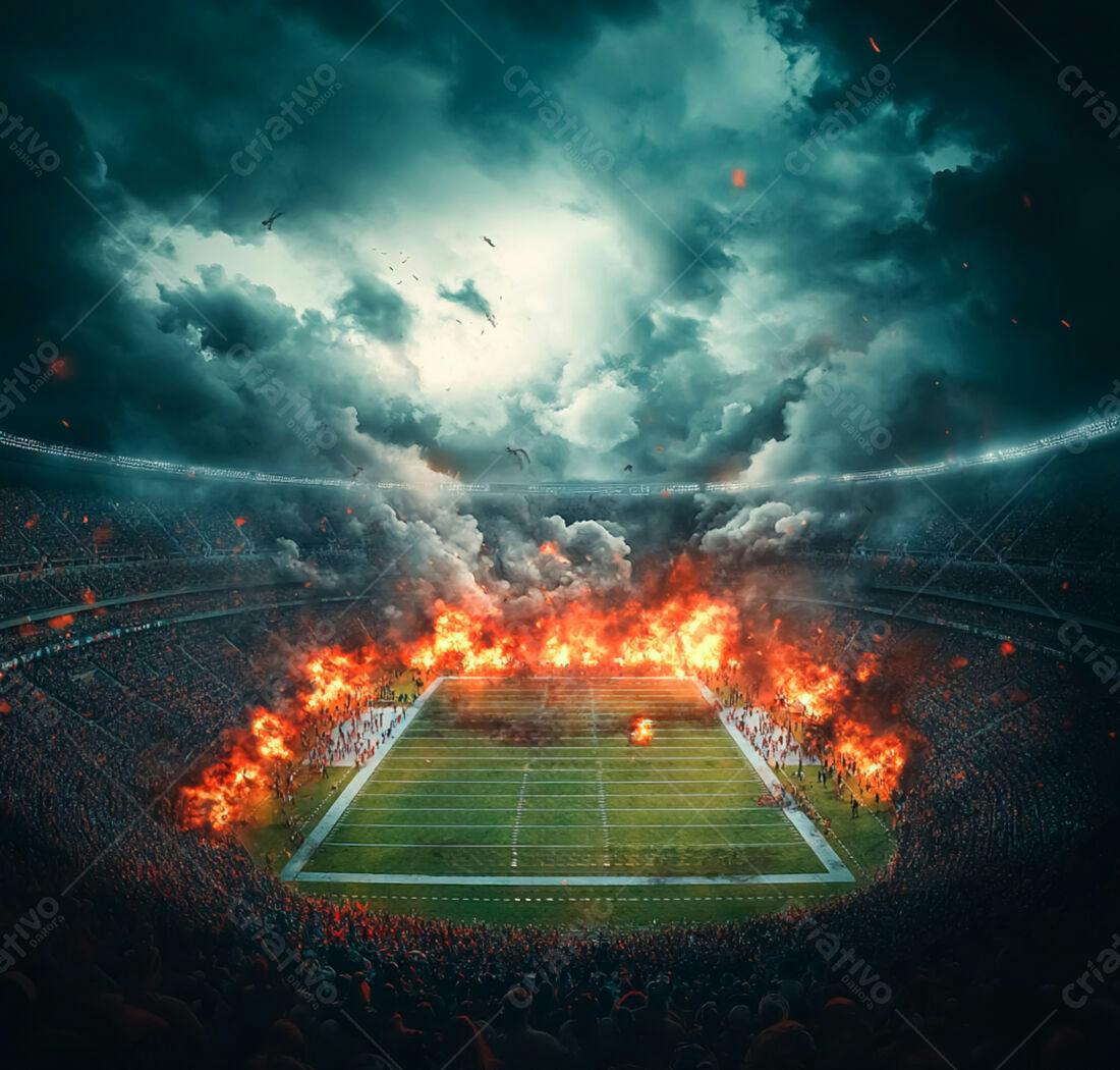 Estádio em chamas durante tempestade