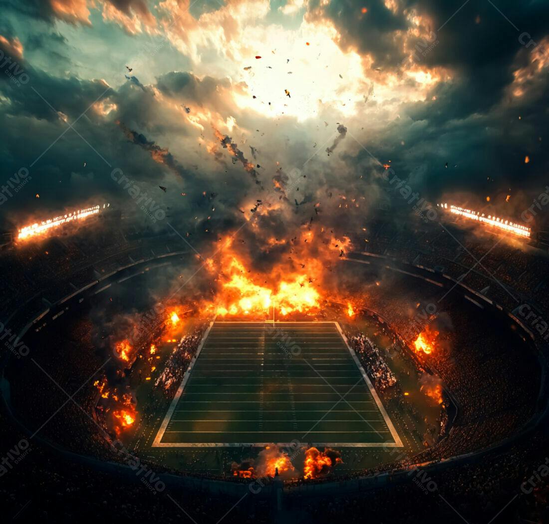 Estádio em chamas durante jogo de futebol americano