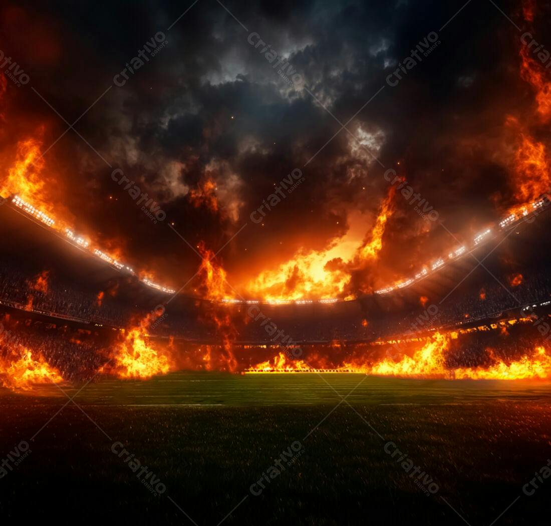 Estádio em chamas noite escura