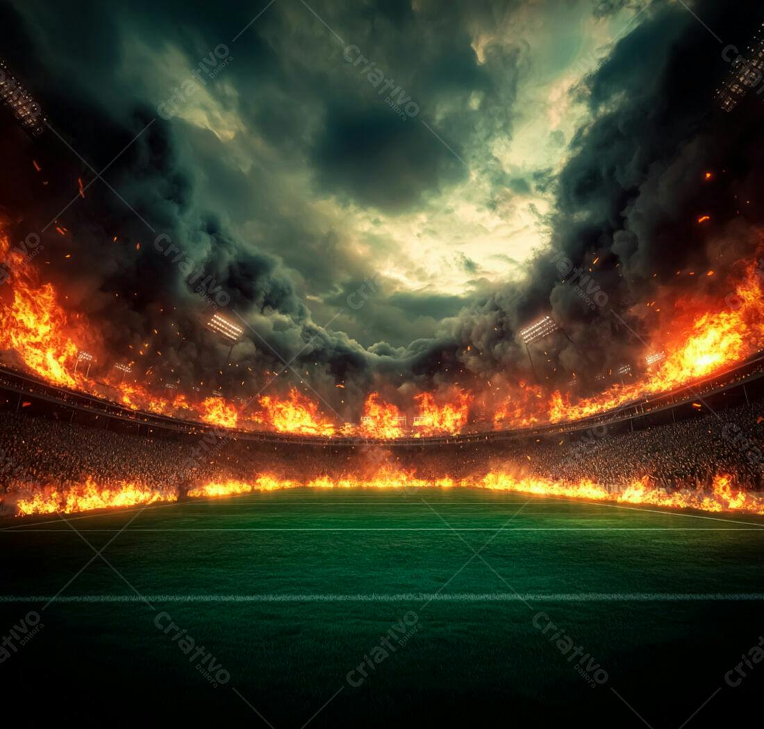 Estádio em chamas sob um céu tempestuoso