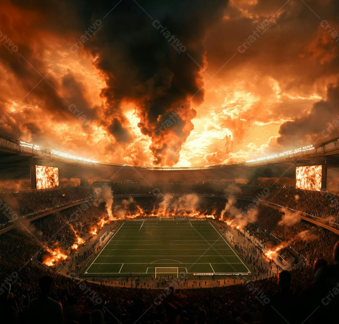 Estádio em chamas sob céu apocalíptico