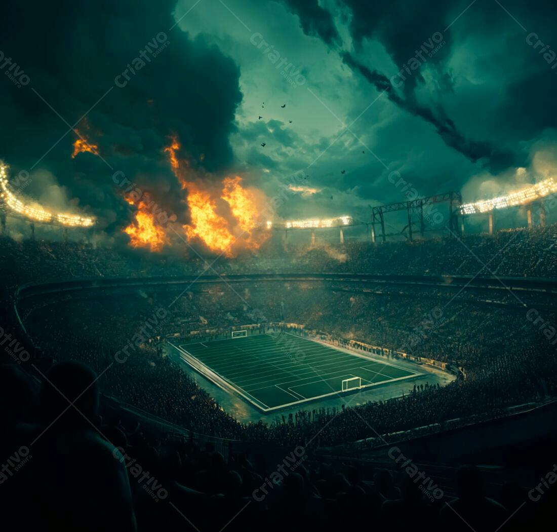 Estádio em chamas multidão assustada