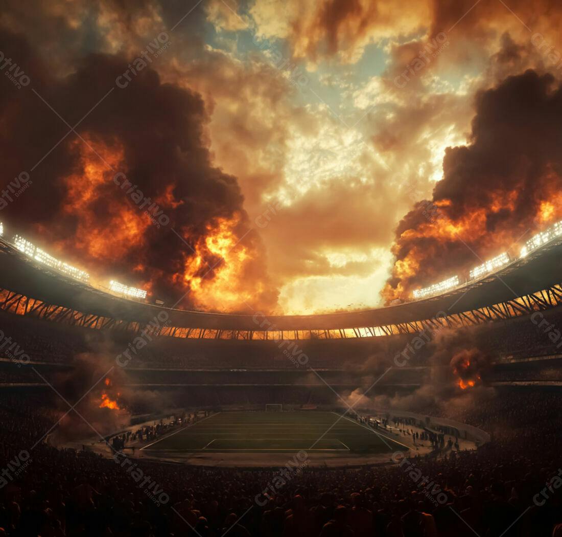 Estádio em chamas durante jogo de futebol