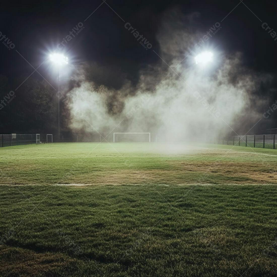 Campo de futebol noturno com névoa
