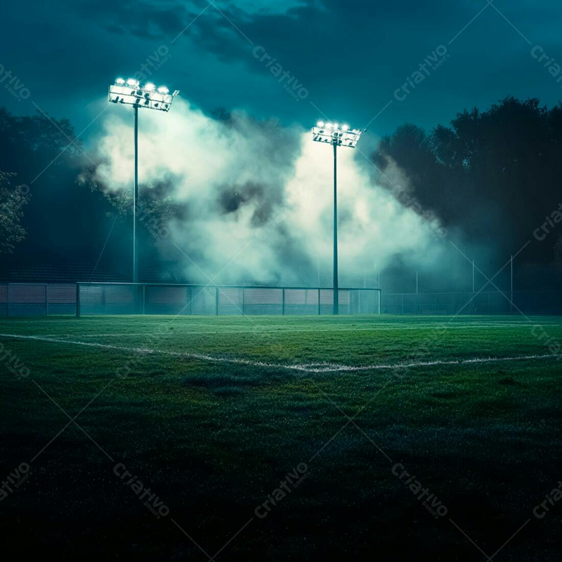 Campo de futebol noturno com neblina