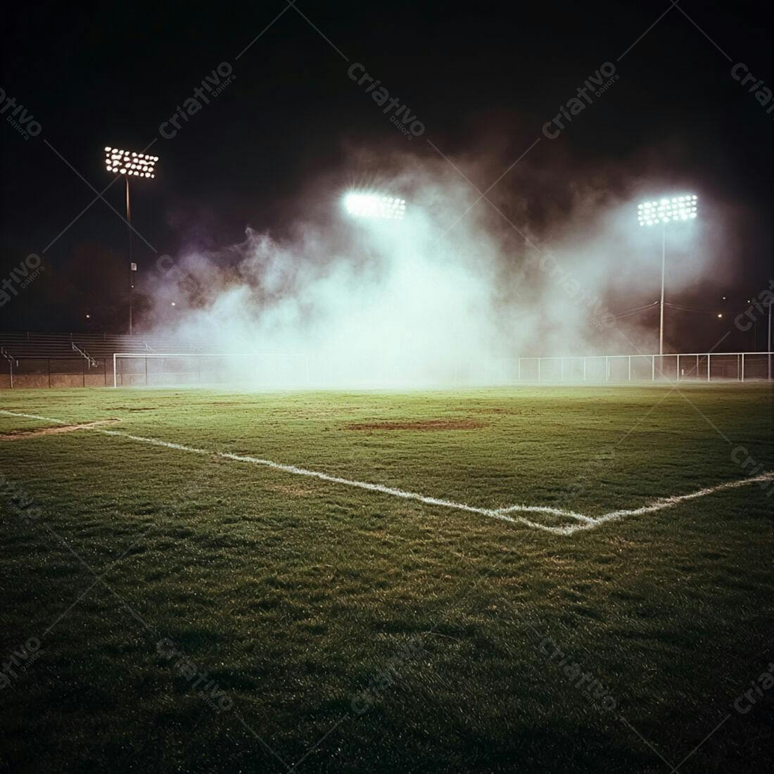 Campo de futebol noturno com neblina