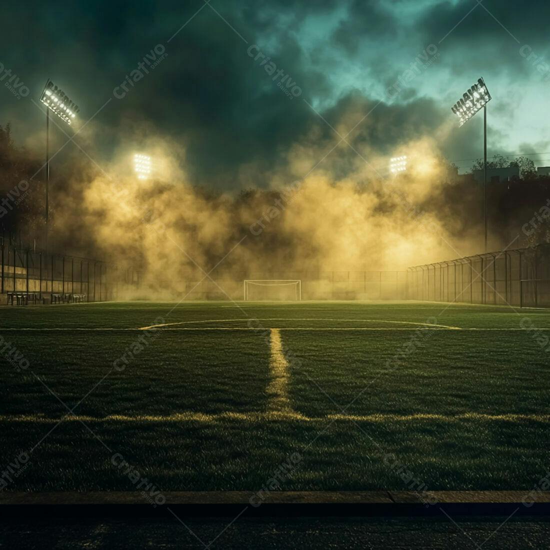 Campo de futebol noturno com névoa