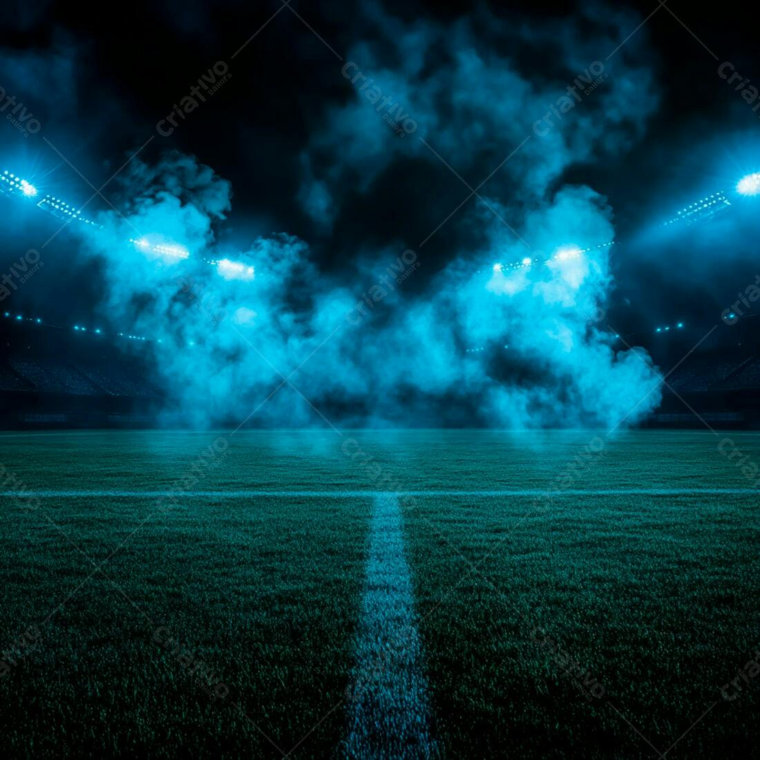 Campo de futebol noturno com fumaça azul