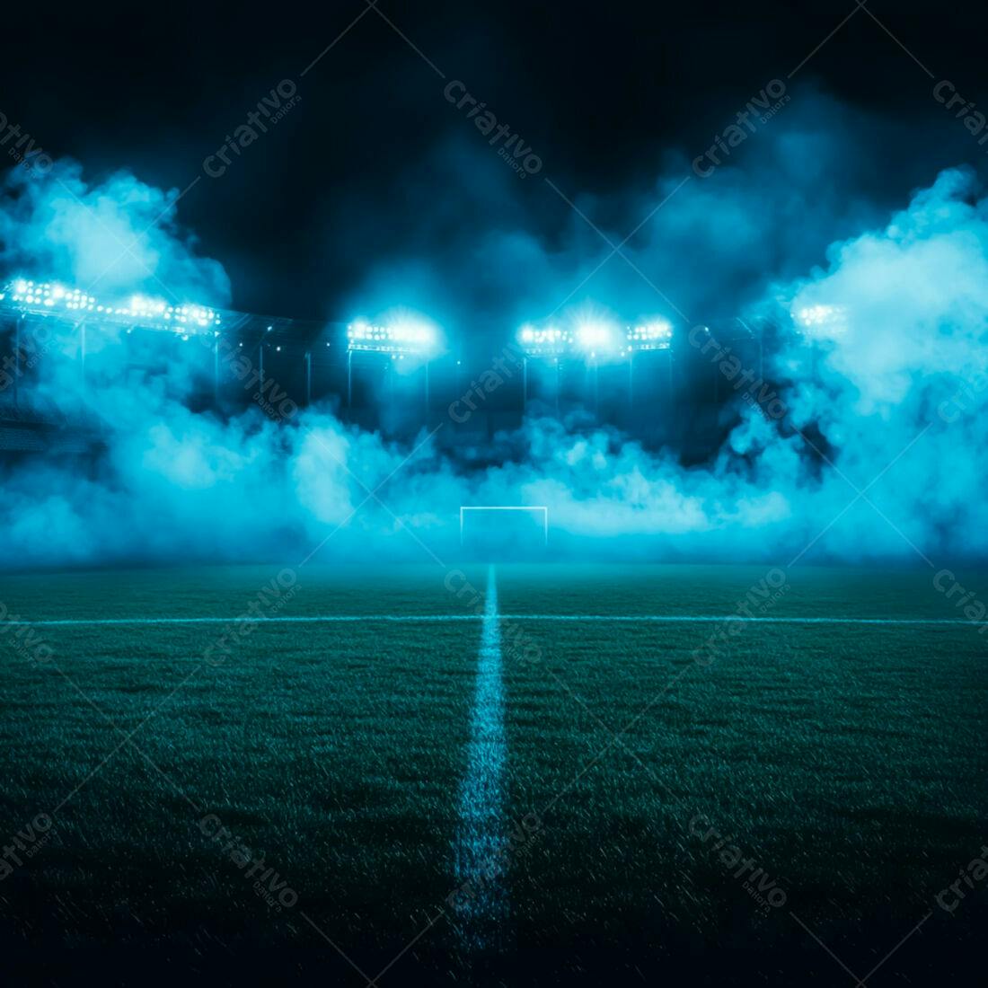 Campo de futebol noturno com fumaça azul