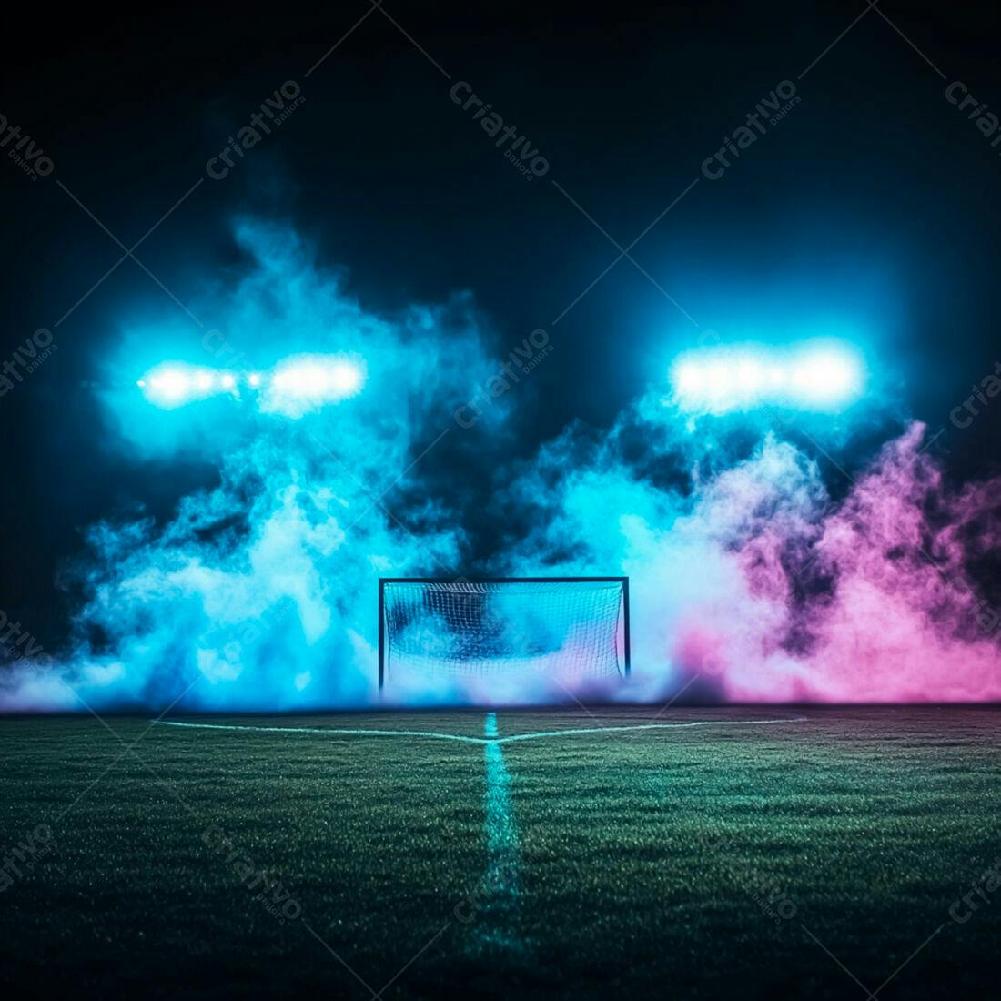 Gol de Futebol Noturno com Fumaça Azul e Rosa